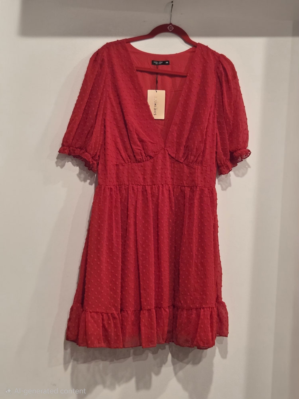SHEIN Red Swiss Dot V-Neck Ruffle Mini Dress